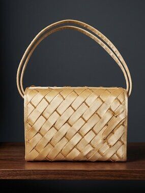 Vintage 1960s Roberto Vianni Designer Purse Gold Satin Ribbon Weave and Beads